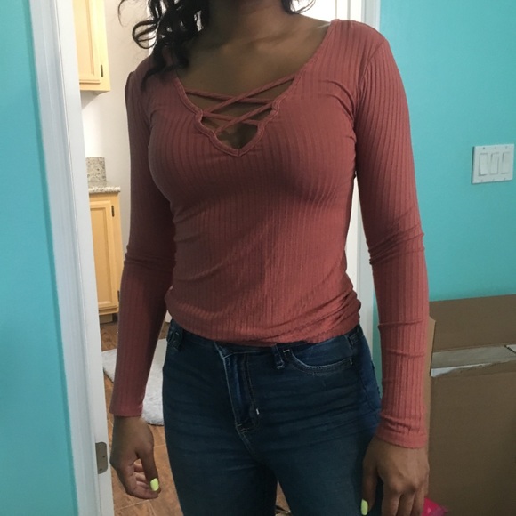 Tops - Pink Ribbed Long Sleeve with criss cross strings Tops - Pink Ribbed Long Sleeve with criss cross strings